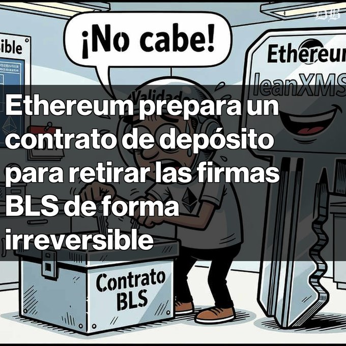 A Spanish-language cartoon meme about Ethereum, with text reading '¡No cabe!' and 'Ethereum prepara un contrato de depósito para retirar las firmas BLS de forma irreversible'.