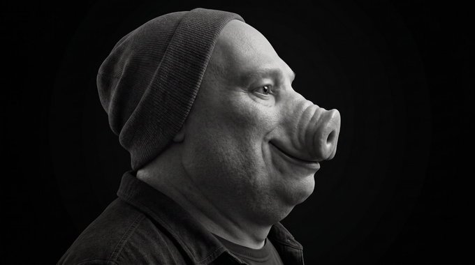 The image features a man wearing a hat, with his face turned towards the camera. He has a pig's head mask on that covers most of his face, giving him an amusing and quirky appearance. The caption for this image reads "John PORK gonna break ATH and run straight to 7 figures." This phrase is likely meant as a playful reference to the man's unique facial expression or pose in the photo.