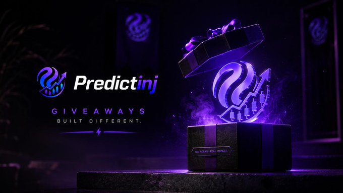 The image features a black box with a purple glow coming out of it, which has an arrow pointing upwards. The background of the image is dark, making the glowing box stand out prominently. Below the glowing box, there's text that reads "PredictInj" and "Givens". This suggests that the image might be related to a promotional campaign for PredictInj or a giveaway event.