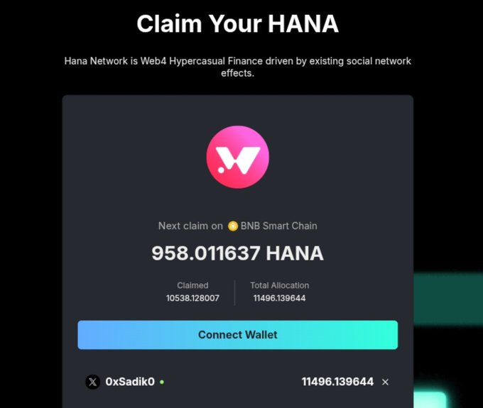 A 'Claim Your HANA' screen showing 958.011637 HANA tokens available to claim on BNB Smart Chain, with 10538.128007 claimed and 11496.139644 total allocation, from wallet 0xSadik0.