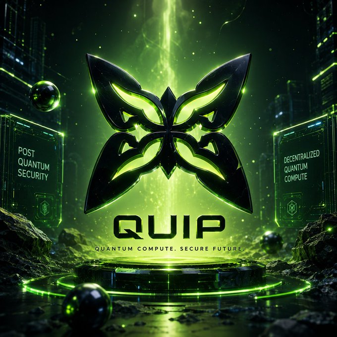 A green glowing futuristic logo with the text 'QUIP' and tagline 'QUANTUM COMPUTE. SECURE FUTURE', flanked by panels reading 'POST QUANTUM SECURITY' and 'DECENTRALIZED QUANTUM COMPUTE'.