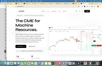 The image shows a computer screen displaying a website called "auton.com" with a chart showing the price of Bitcoin over time, indicating that it's a machine learning platform for cryptocurrency trading. The website also has a section titled "The CME for Machine Resources." This suggests that the platform is designed to help users trade cryptocurrencies like Bitcoin using machine learning techniques and data analysis tools.