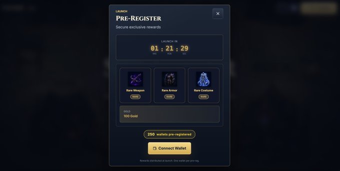 A game launch pre-registration window showing a countdown of 01:21:29 with exclusive rewards including a Rare Weapon, Rare Armor, and Rare Costume, along with 100 Gold for the first 250 wallets to pre-register, complementing the post's urgency to connect a wallet before the 1-hour deadline expires.