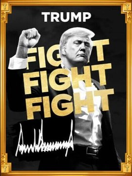 A stylized portrait of Donald Trump with his fist raised is displayed inside an ornate gold frame, featuring the word "TRUMP" at the top and the word "FIGHT" repeated three times in bold gold letters across the image. A signature and an EKG-style heartbeat line appear at the bottom, visually tying into the post's reference to Sen. Elizabeth Warren calling for an SEC investigation into the $TRUMP memecoin.