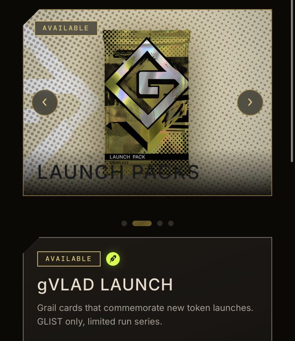 A screenshot displays 'LAUNCH PACKS' with a featured 'gVLAD LAUNCH' card, described as 'Grail cards that commemorate new token launches. GLIST only, limited run series,' marked as AVAILABLE.
