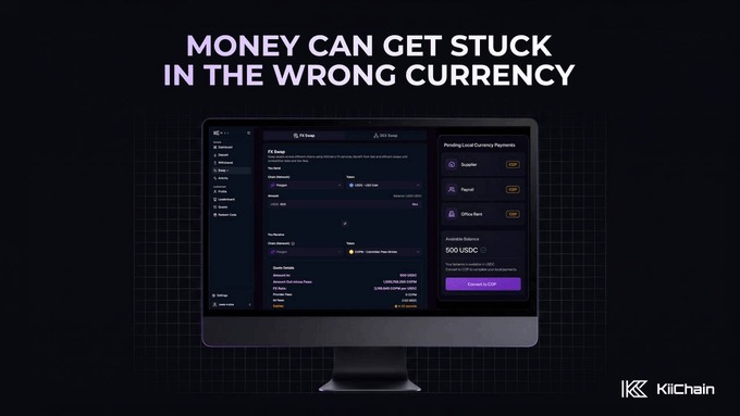 A promotional graphic for KiChain with the tagline 'MONEY CAN GET STUCK IN THE WRONG CURRENCY,' displaying a computer monitor showing an FX swap interface and local currency payment options.