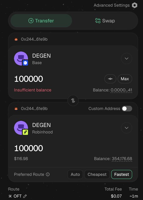 Cryptocurrency wallet transfer screen attempting to send 100,000 DEGEN tokens from Base to Robinhood, showing insufficient balance error.