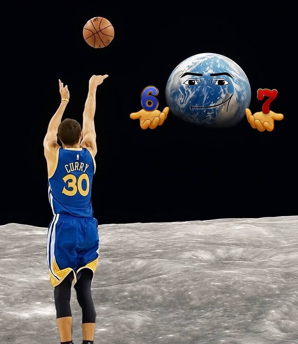 Stephen Curry (jersey #30) shoots a basketball on the moon's surface toward an anthropomorphized Earth holding "6" and "7," symbolizing the "$10K for balling" rewards campaign celebrating nearly $10k claimed through 67 Balling—suggesting basketball shots are being rewarded in a playful, space-themed promotion.