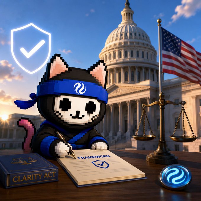 A pixelated ninja cat wearing a blue headband sits at a desk signing a document labeled "FRAMEWORK," with a blue book titled "CLARITY ACT," a glowing blue shield, a scale of justice, and an American flag in front of the U.S. Capitol, visually representing Injective's proactive role in shaping crypto regulation through legislative clarity.