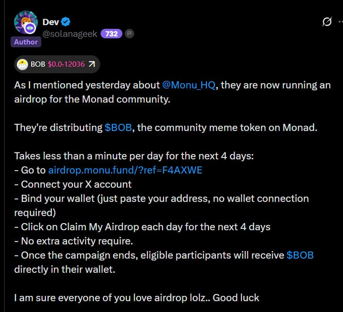 The image shows an airdrop that has been set up for Monad, a cryptocurrency wallet. The post discusses this airdrop, with many details about how to participate and its purpose. In addition to these main points, there are a couple of other smaller details in the image, including a logo or watermark and some text.