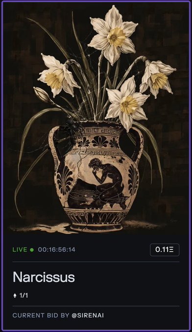 A digital art NFT listing titled 'Narcissus' showing a Greek-style vase with white daffodils and a figure on it, with a live auction countdown and current bid by @SIRENAI.