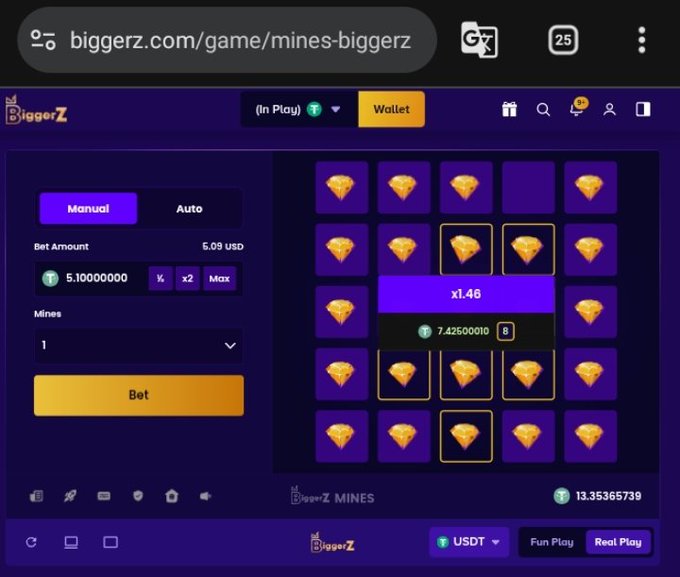 A screenshot of the BiggerZ Mines gambling game shows a bet of 5.09 USDT with a 1.46x multiplier displayed over a grid of pizza slice tiles.