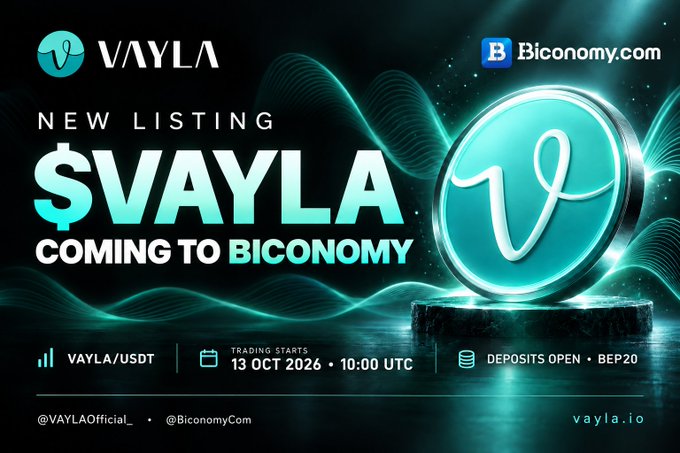 A promotional graphic announcing '$VAYLA COMING TO BICONOMY', stating trading starts '13 OCT 2026 · 10:00 UTC' on VAYLA/USDT.