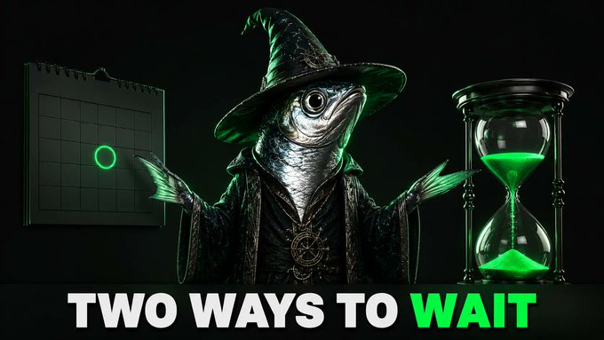 The image shows a fish dressed as a wizard in a pointed hat and robes, standing between a wall calendar marked with a green circle and a glowing green hourglass, with the text "TWO WAYS TO WAIT" below—visually representing the post's comparison of Bitcoin's two time-locking mechanisms: nLocktime (calendar-based) and CLTV/relative timelocks (hourglass-based).