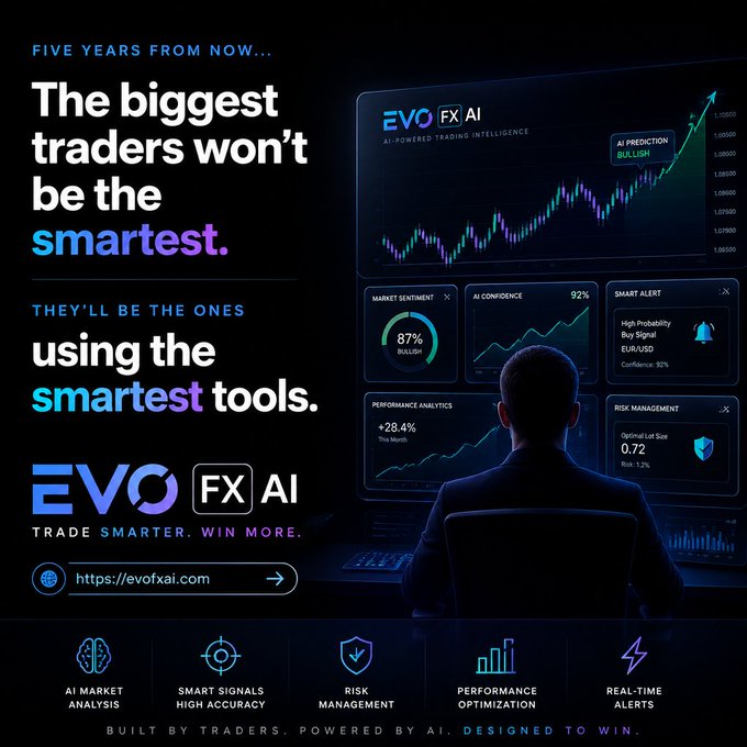 A promotional advertisement for 'EVO FX AI' trading intelligence, featuring the tagline 'The biggest traders won't be the smartest. They'll be the ones using the smartest tools.' and displaying various trading metrics on dashboards.