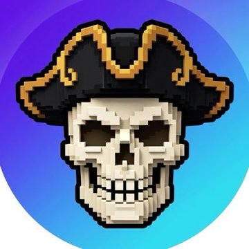 A pixel art illustration of a beige skull wearing a black and gold pirate hat against a circular blue and purple gradient background.