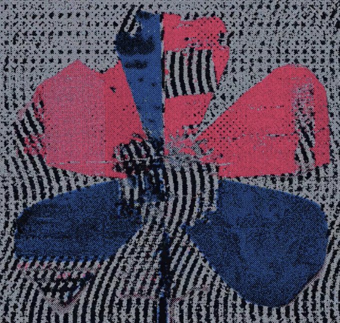 A digital collage featuring pink and dark blue organic shapes overlaid on a background of black and white vertical stripes with halftone textures.