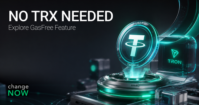 A cryptocurrency advertisement for ChangeNOW promoting 'NO TRX NEEDED' GasFree Feature for USDT TRC20 transactions on the Tron network