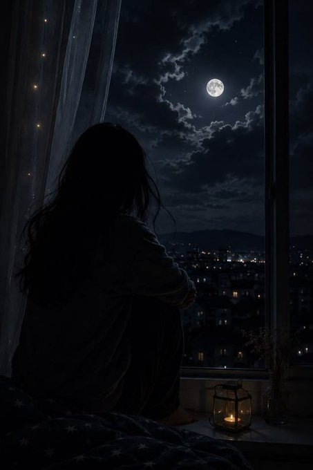 A silhouette of a person with long hair sits on a windowsill looking out at a full moon in a cloudy night sky over a distant city skyline, illuminated by small candles.
