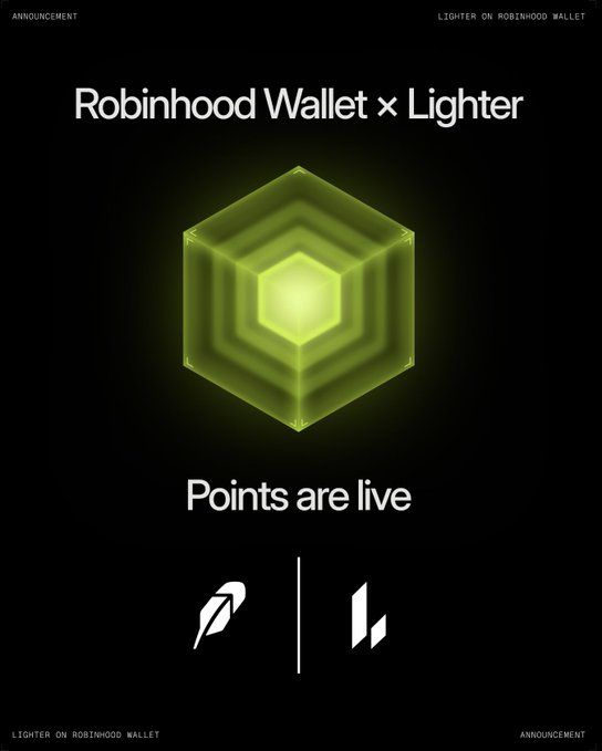 A black announcement poster for "Robinhood Wallet x Lighter" with the tagline "Points are live," featuring a glowing green 3D cube and the logos of both brands.