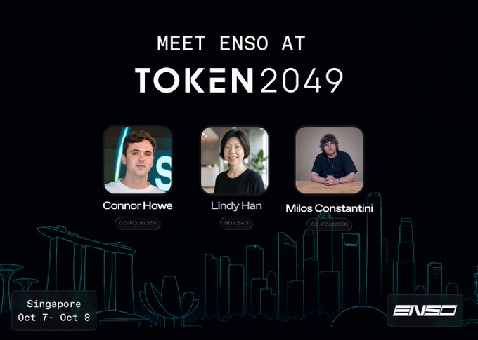 A promotional graphic for "MEET ENSO AT TOKEN2049" in Singapore (Oct 7- Oct 8), featuring photos of Connor Howe (Co-Founder), Lindy Han (BD Lead), and Milos Constantini (Co-Founder).