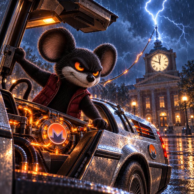 A stylized cartoon mouse character wearing a red vest sits in the driver's seat of a heavily armored, glowing cyberpunk vehicle, with a clock tower and lightning-streaked stormy sky in the background.