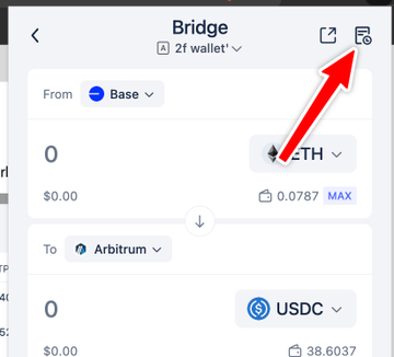 A cryptocurrency bridge interface is shown, allowing transfers from Base to Arbitrum, with 0.0787 ETH available and an arrow pointing to the connected wallet icon in the top right corner. The interface is set to bridge ETH to USDC, illustrating the cross-chain transfer process referenced in the post about using Circle CCTP for faster fund routing.