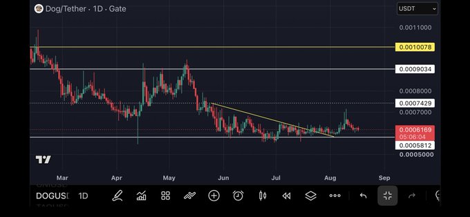 A daily candlestick chart showing DOGE/USDT on Gate exchange, trading at $0.0006169 (-9.04%), with key resistance levels marked at $0.0010078 and $0.0009034, supporting the post's claim that DOGE is "cooking" as it breaks out of a descending wedge pattern toward higher price levels.
