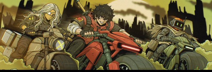 The image depicts three armored characters riding futuristic motorcycles through a desolate, post-apocalyptic landscape with ruins in the background—the central rider wears a red hooded outfit, flanked by a white-haired figure with a yellow visor on the left and a masked rider on the right. This artwork visually embodies the KAGEURI NFT project, bringing to life the "guild of shadow merchants" narrative referenced in the post through its gritty, dystopian aesthetic and roguish character designs.