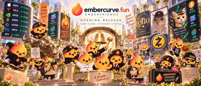 A vibrant promotional banner for the "embercurve.fun" opening release showcases a bustling financial-themed scene featuring flame-mascot characters alongside a stock ticker displaying tickers like AAPL, TSLA, NVDA, AMZN, GOOGL, META, and SPY with various percentage changes. Signs throughout the marketplace advertise slogans such as "Same Flame Better Days," "Memes Take Market," and "Good Backs Better Bays," while banners mention "ZECBAIL," "DECAN," and "A Brighter Tomorrow," with the ".$EMBER mode" post likely referring to the flame-token-themed branding central to the image.