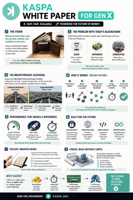 The image is a "Kaspa White Paper for Gen X" infographic explaining the cryptocurrency's vision, highlighting problems with current blockchains (slow, expensive, congested), Kaspa's breakthrough BlockDAG technology with 10 BPS throughput and 1-second confirmation times, and features like PoW security and decentralization. The infographic supports the post's message that Kaspa's ($KAS) scalable, fast, and fair digital money solution needs to be understood across all generations, from Gen X to kids.