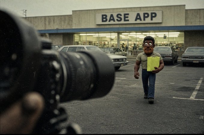 A cinematic scene shows a figure walking across a parking lot toward a 'BASE APP' storefront, photographed by someone holding a camera in the foreground.