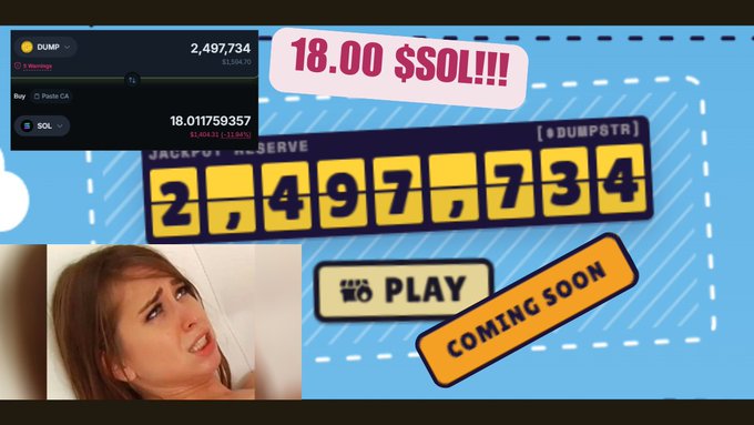 Cryptocurrency thumbnail showing the DUMP token with a supply of 2,497,734, priced at 18.00 $SOL, featuring a confused-looking woman, a 'PLAY' button, and 'COMING SOON' text.