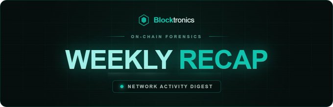 The image shows a screenshot from an app called "Weekly Recap" that is designed for people with knowledge of blockchain technology, specifically for Bitcoin enthusiasts. The logo displays a logo for Blocktronics and text indicating that it's related to network activity digest - a type of digest service on the blockchain. The website hosts information about recent transactions involving blockchains like Bitcoin and Ethereum.
