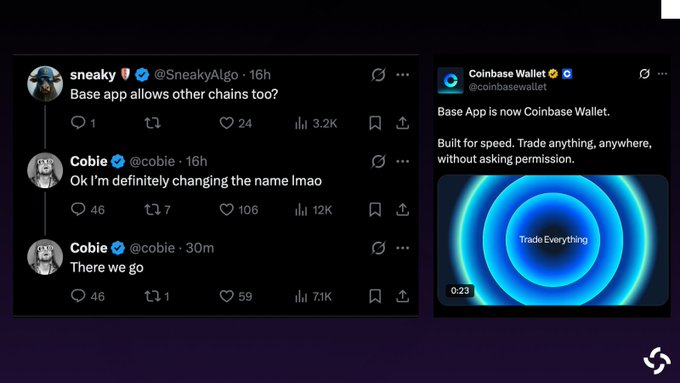 A screenshot of Twitter/X posts shows user 'sneaky' asking 'Base app allows other chains too?' and 'Cobie' responding about changing the name. On the right, Coinbase Wallet announces 'Base App is now Coinbase Wallet' with the tagline 'Trade Everything.'