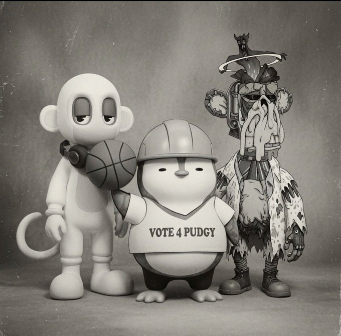 A vintage-style black-and-white illustration of three figures: a cartoon monkey holding a basketball on the left, a round cartoon character in the center wearing a shirt that says 'VOTE 4 PUDGY', and a creepy, weathered monster character on the right.