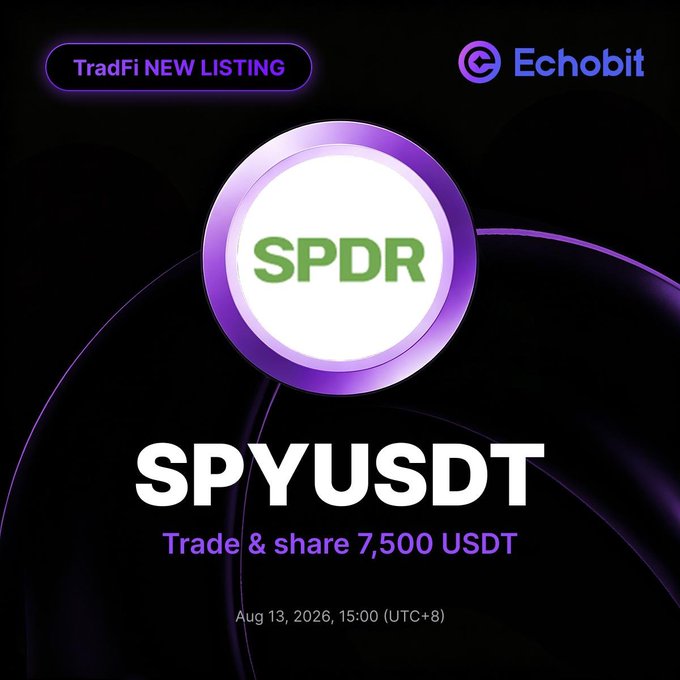 A promotional graphic for Echobit announcing 'TradFi NEW LISTING' for SPDR SPYUSDT, with text 'Trade & share 7,500 USDT' and dated 'Aug 13, 2026, 15:00 (UTC+8)'.