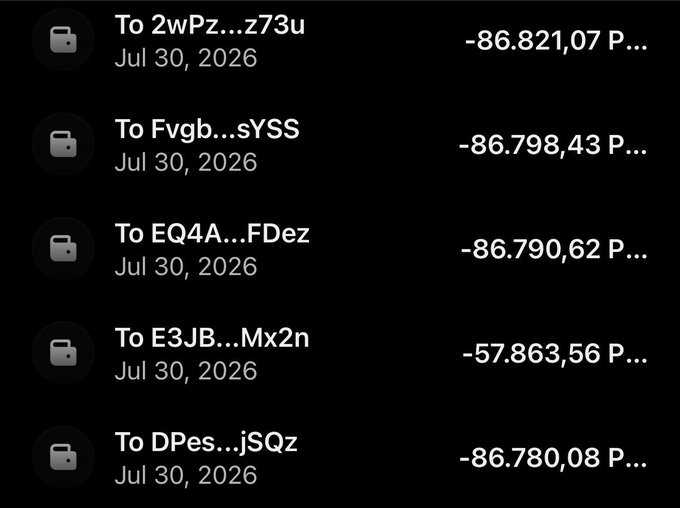 The image shows a list of transactions dated July 30, 2026, displaying outgoing transfers (approximately -86,821.07, -86,798.43, -86,790.62, -57,863.56, and -86,780.08 P…) to truncated addresses, which appears to be evidence of the promised $PNORTH airdrop being sent out to recipients' Solana wallets.