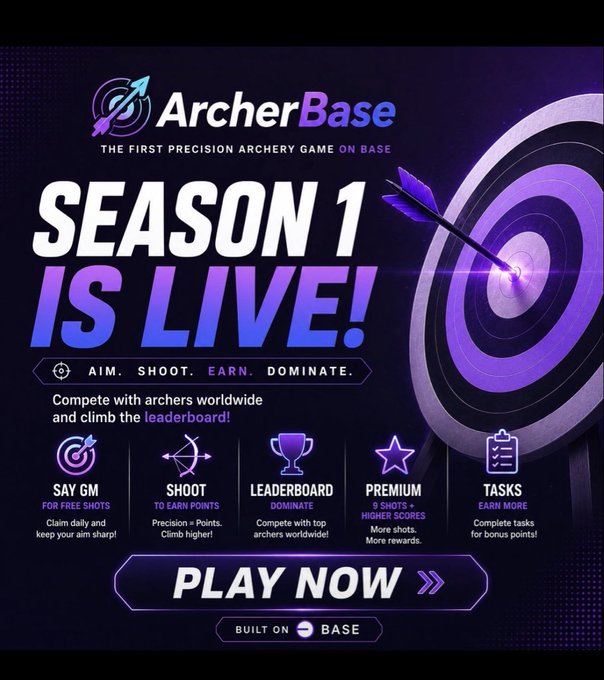 Promotional graphic for "ArcherBase - The First Precision Archery Game on Base" announcing "SEASON 1 IS LIVE!" featuring a target with an arrow, gameplay instructions ("AIM. SHOOT. EARN. DOMINATE."), and feature icons for Say GM, Shoot, Leaderboard, Premium, and Tasks, with a "PLAY NOW" button and "BUILT ON BASE" branding.