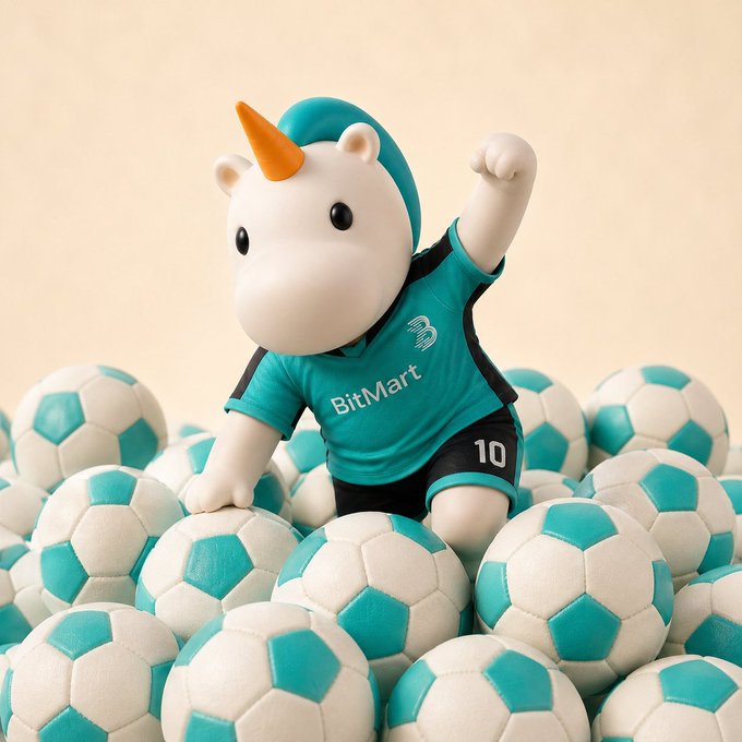 BitMart's mascot Bitto, a unicorn in a teal jersey, triumphantly raises a fist while standing atop a pile of teal and white soccer balls, with the "BitMart" logo and the number "10" on his shorts tying into the brand's $880,000 World Cup prize pool.