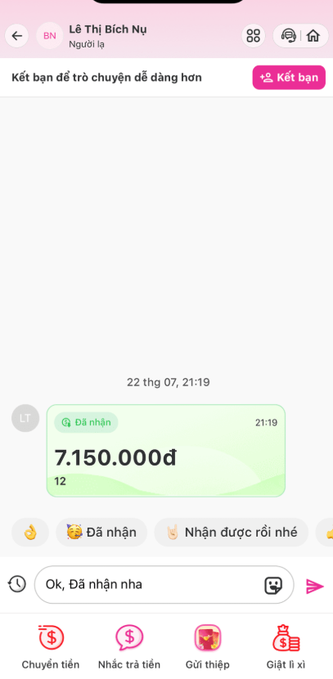 Screenshot of a Vietnamese messaging app conversation with "Lê Thị Bích Nư" showing a received bank transfer of "7.150.000đ" from account "12," with quick reply options below.

The image illustrates the P2P trade scenario by showing the buyer transferring 7,150,000 VND from a different account name, which would mismatch the verified seller's name and allow the scammer to dispute the payment after release.