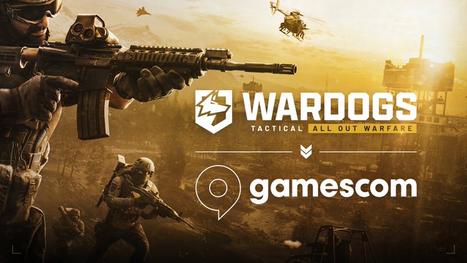 Promotional image for the tactical warfare game "WARDOGS - Tactical All Out Warfare" featuring an armed soldier with a rifle in the foreground, military helicopters in the sky, and the "gamescom" logo, suggesting a meetup opportunity to discuss the game at the gaming convention.