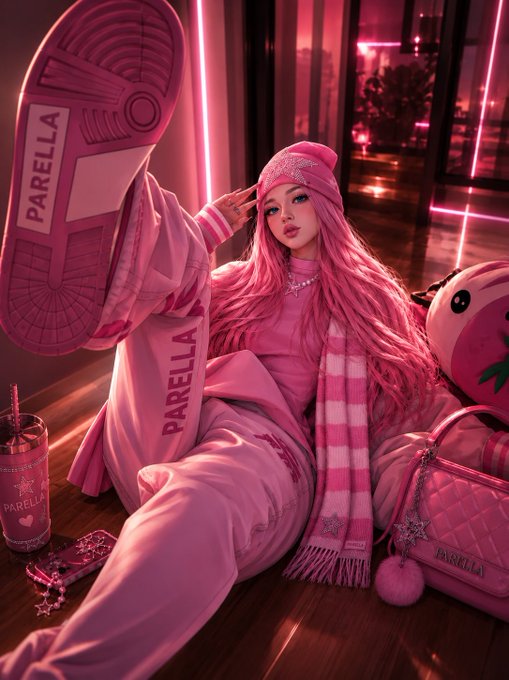 A woman in a coordinated pink PARELLA tracksuit and beanie poses with her shoe sole toward the camera, surrounded by PARELLA-branded accessories like a tumbler, handbag, and plush. The all-pink aesthetic and branded merchandise align with the "gm, connect" post, creating a cohesive branded lifestyle moment to greet and engage followers.