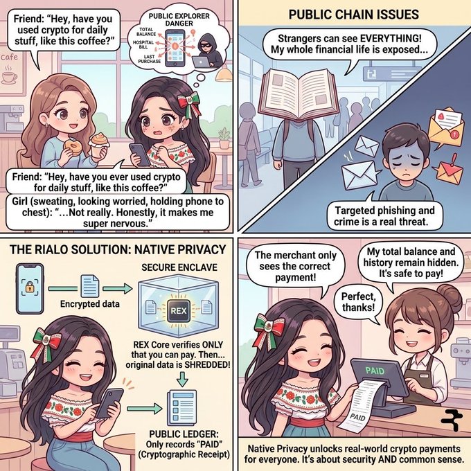 A four-panel comic titled 'THE RIALO SOLUTION: NATIVE PRIVACY' explaining crypto payment privacy, labeled 'PUBLIC CHAIN ISSUES' and 'THE RIALO SOLUTION', using characters discussing encryption via 'REX' and secure enclave verification.