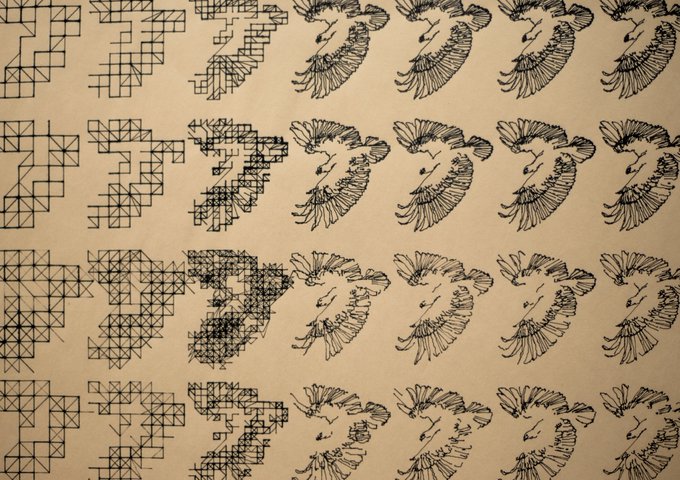 A grid of 16 plotted pen and ink drawings on newsprint, progressing from sparse geometric line patterns in the upper left to increasingly detailed avian (likely flying/diving bird) forms on the right, illustrating the generative design process of the test drawing created in 2021.