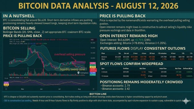 A 'BITCOIN DATA ANALYSIS - AUGUST 12, 2026' dashboard showing BTC consolidating flat around $6,628, with sections detailing price pulling back, open interest, futures flows, spot flows, and positioning.