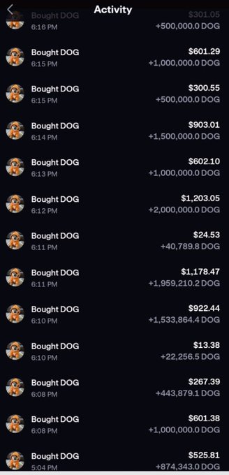 A screenshot of a cell phone with several options for what has been done, but only one of them being "Bought DOG" which means someone has recently bought an item from a seller named Dog Army today. The text indicates that they were able to purchase 20 Million dollars worth of items at a limit price of $0.06. The focus on this specific option and the context suggests it is the most recent action taken by the user, possibly as part of a transaction or discussion about items bought from Dog Army today.