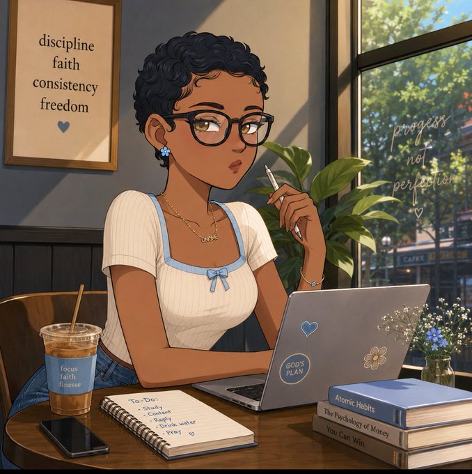 An illustrated portrait of a young woman with glasses sitting at a cafe table, surrounded by items like a laptop with a 'GOD'S PLAN' sticker, books including 'Atomic Habits' and 'The Psychology of Money', and a wall art reading 'discipline faith consistency freedom'.