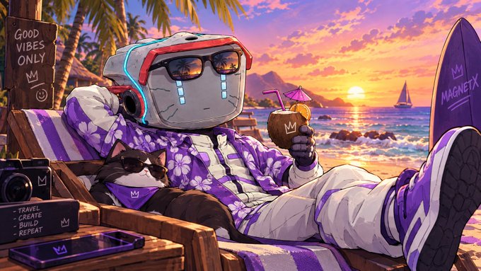 A digital illustration of a robot character wearing sunglasses and a purple Hawaiian shirt with white flowers, relaxing on a beach chair with a cat, holding a coconut drink, with a 'GOOD VIBES ONLY' sign and 'MAGNETX' branded surfboard visible.