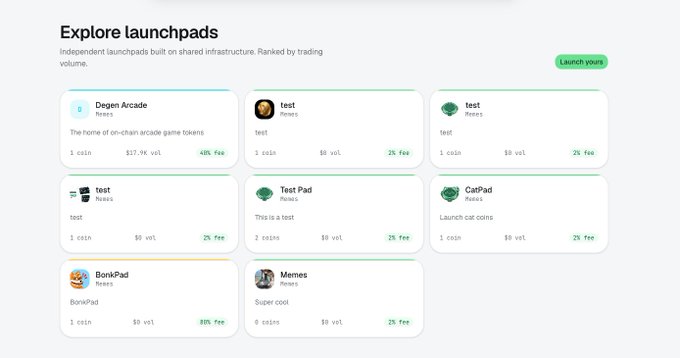 A webpage titled "Explore launchpads" showing various token launchpads including "Degen Arcade", "BankPad", and "CatPad", with details on volume and fees.